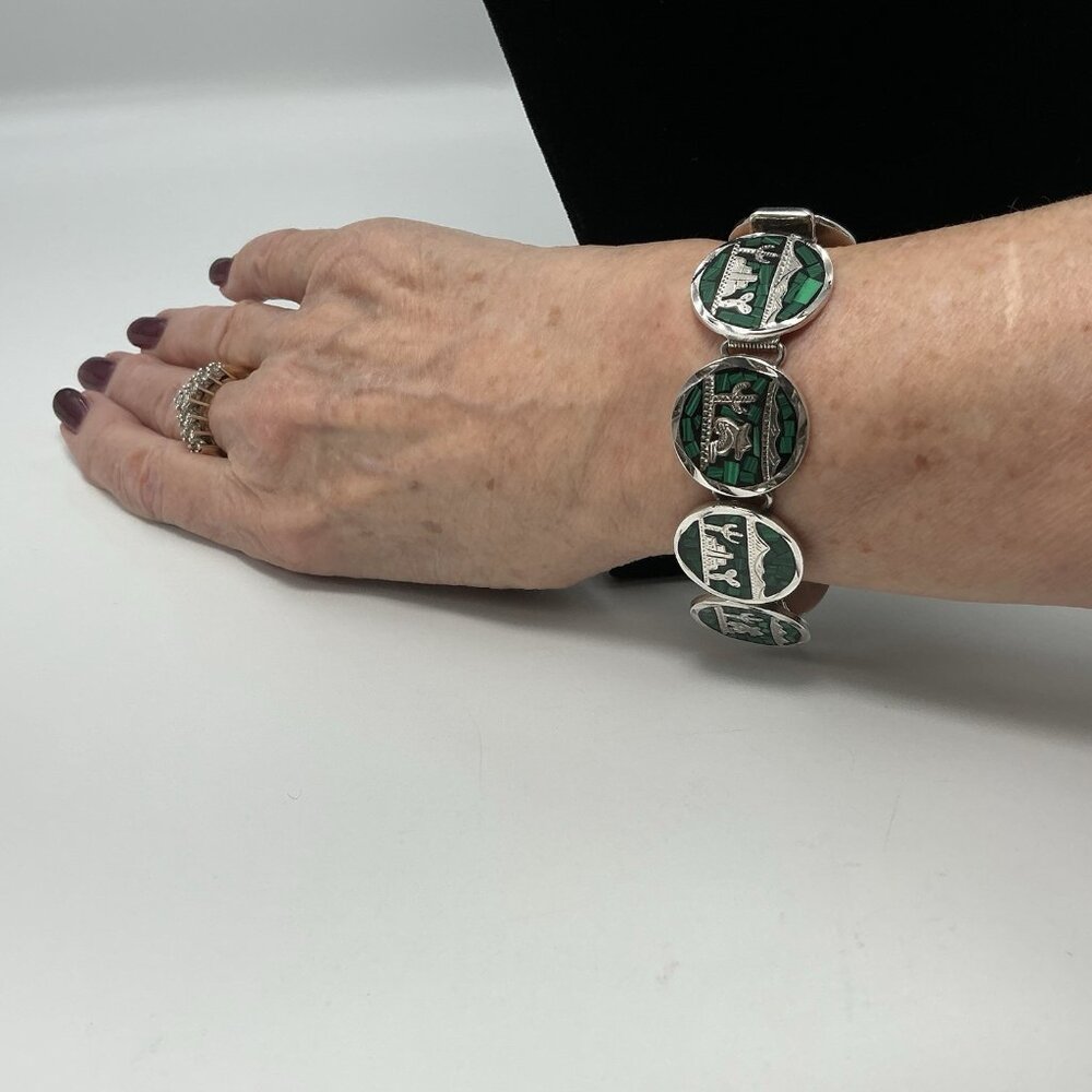 Sterling Silver Crushed Malachite Round Disc Bracelet Taxco Mexico 50.6 Grams 7” - Picture 11 of 12